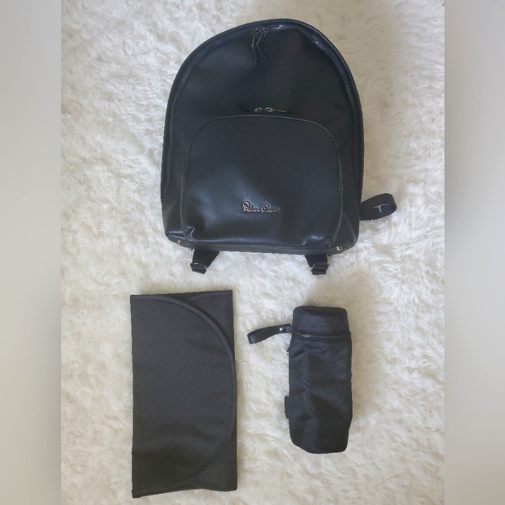 New Silver Cross Faux Leather Unisex Backpack - Black&Gunmetal w/ Accessories
